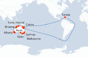 Carte itinéraire croisière Vuelta a Australia - 29 jours au départ de Sydney - Australie Nouvelle Zélande