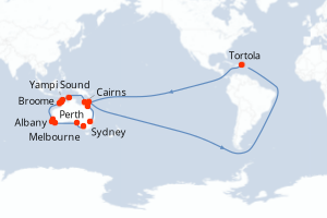 Carte itinéraire croisière Vuelta a Australia - 25 jours au départ de Melbourne - Australie Nouvelle Zélande