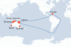 Carte itinéraire croisière Explorador del Norte - 18 jours au départ de Perth - Australie Nouvelle Zélande
