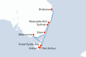 Carte itinéraire croisière Tasmania - 12 jours au départ de Brisbane - Australie Nouvelle Zélande