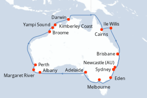 Carte itinéraire croisière Vuelta a Australia - 31 jours au départ de Brisbane - Australie Nouvelle Zélande