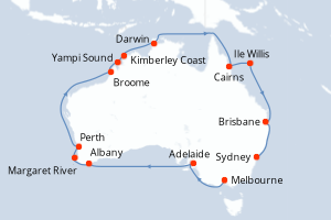 Carte itinéraire croisière Vuelta a Australia - 24 jours au départ de Melbourne - Australie Nouvelle Zélande