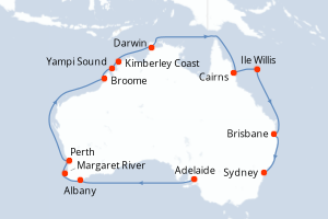 Carte itinéraire croisière Vuelta a Australia - 22 jours au départ de Adelaide - Australie Nouvelle Zélande