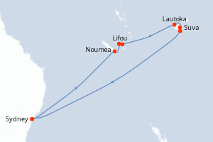 Carte itinéraire croisière Fiji y el Pacífico Sur - 14 jours au départ de Sydney - Australie Nouvelle Zélande