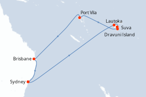 Carte itinéraire croisière Fiji et South Pacific - 14 jours au départ de Sydney - Australie Nouvelle Zélande
