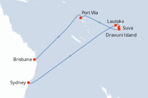 Carte itinéraire croisière Fiji et South Pacific - 12 jours au départ de Sydney - Australie Nouvelle Zélande