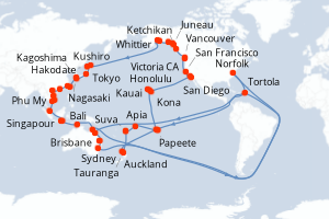 Carte itinéraire croisière Circle Pacific - Roundtrip Brisbane - 94 jours au départ de Brisbane - Tour du Monde