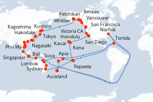 Carte itinéraire croisière Circle Pacific - Roundtrip Sydney - 94 jours au départ de Sydney - Tour du Monde