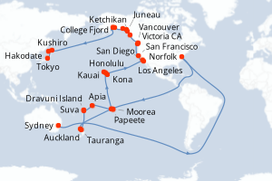 Carte itinéraire croisière Circle Pacific Liner - Sydney to Tokyo - 57 jours au départ de Sydney - Asie