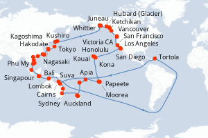 Carte itinéraire croisière Circle Pacific - Roundtrip Auckland - 93 jours au départ de Auckland - Tour du Monde