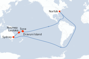 Carte itinéraire croisière Fiji et South Pacific Holiday - 14 jours au départ de Sydney - Australie Nouvelle Zélande