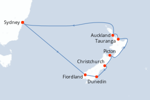 Carte itinéraire croisière New Zealand - 13 jours au départ de Sydney - Australie Nouvelle Zélande