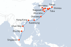 Carte itinéraire croisière Japan et Southeast Asia Grand Adventure - 24 jours au départ de Tokyo - Asie