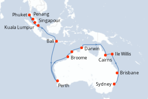 Carte itinéraire croisière Asia et Australia - 28 jours au départ de Singapour - Australie Nouvelle Zélande