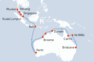 Carte itinéraire croisière Asia et Australia - 25 jours au départ de Singapour - Australie Nouvelle Zélande