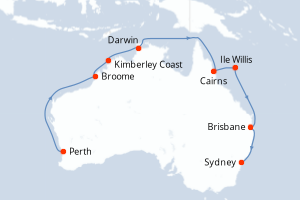 Carte itinéraire croisière Northern Explorer - 16 jours au départ de Perth - Australie Nouvelle Zélande