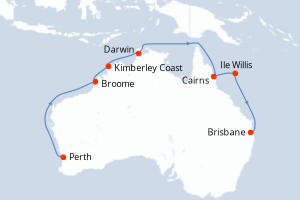 Carte itinéraire croisière Northern Explorer - 13 jours au départ de Perth - Australie Nouvelle Zélande