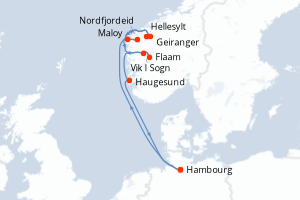 Carte itinéraire croisière Allemagne, Norvège - 9 jours au départ de Hambourg - Europe du Nord