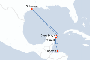 Carte itinéraire croisière - 7 jours au départ de Galveston - Caraïbes Mexique
