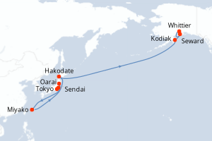 Carte itinéraire croisière Japon, États-Unis - 14 jours au départ de Tokyo - Transpacifique