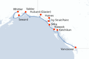 Carte itinéraire croisière Canada, États-Unis - 10 jours au départ de Vancouver - Alaska