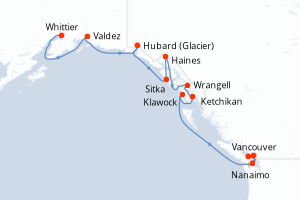 Carte itinéraire croisière États-Unis, Canada - 11 jours au départ de Whittier - Alaska