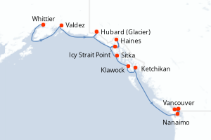 Carte itinéraire croisière États-Unis, Canada - 11 jours au départ de Whittier - Alaska
