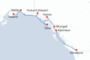 Carte itinéraire croisière Canada, États-Unis - 8 jours au départ de Vancouver - Alaska