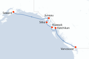 Carte itinéraire croisière Canada, États-Unis - 7 jours au départ de Vancouver - Alaska