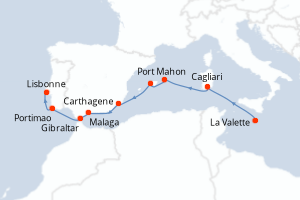 Carte itinéraire croisière De Malte à Lisbonne - 10 jours au départ de La Valette - Atlantique