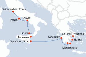 Carte itinéraire croisière D?Athènes à Rome - 11 jours au départ de Le Piree - Athenes - Méditerranée