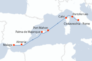 Carte itinéraire croisière Espagne, Baléares et Italie - 8 jours au départ de Malaga - Méditerranée