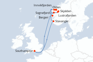 Carte itinéraire croisière Royaume-Uni, Norvège - 7 jours au départ de Southampton - Europe du Nord