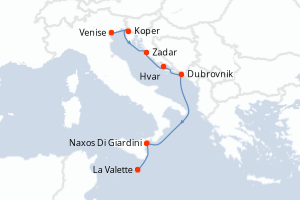 Carte itinéraire croisière Malte, Croatie, Slovénie, Italie - 7 jours au départ de Venise - Méditerranée