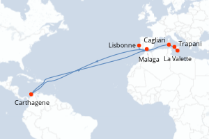 Carte itinéraire croisière Portugal, Espagne, Colombie, Italie, Malte - 7 jours au départ de La Valette - Atlantique