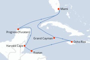 Carte itinéraire croisière États-Unis, Mexique, Belize, Honduras, Jamaïque, Caïmans (Îles) - 10 jours au départ de Miami - Caraïbes Bahamas