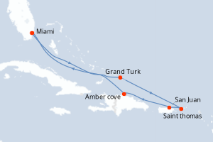 Carte itinéraire croisière États-Unis, Porto Rico, République Dominicaine - 8 jours au départ de Miami - Caraïbes Bahamas