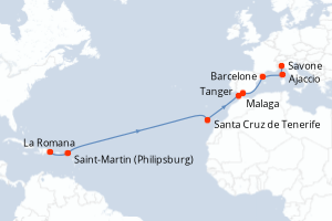Carte itinéraire croisière République Dominicaine, Pays-Bas, Maroc, Espagne, France, Italie - 16 jours au départ de La Romana - Transatlantique