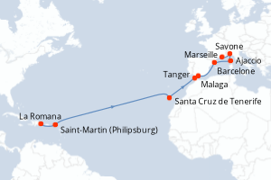 Carte itinéraire croisière République Dominicaine, Pays-Bas, Maroc, Espagne, France, Italie - 17 jours au départ de La Romana - Transatlantique