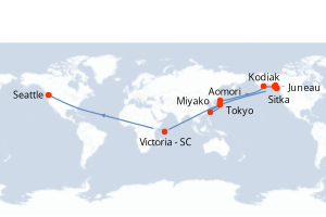 Carte itinéraire croisière Seychelles, États-Unis, Japon - 19 jours au départ de Tokyo - Alaska