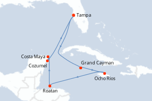 Carte itinéraire croisière États-Unis, Caïmans (Îles), Jamaïque, Honduras, Mexique - 9 jours au départ de Tampa - Caraïbes Mexique