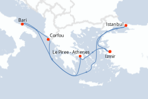Carte itinéraire croisière Turquie, Grèce, Italie - 7 jours au départ de Izmir - Méditerranée