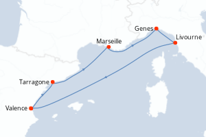 Carte itinéraire croisière Espagne, France, Italie - 6 jours au départ de Valence - Méditerranée