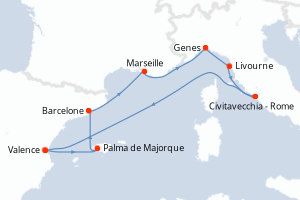 Carte itinéraire croisière Espagne, France, Italie - 8 jours au départ de Valence - Méditerranée