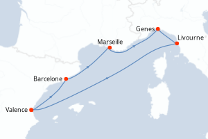 Carte itinéraire croisière Espagne, France, Italie - 6 jours au départ de Valence - Méditerranée