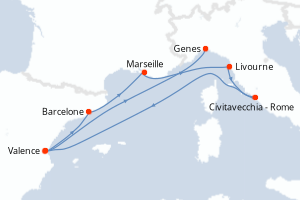 Carte itinéraire croisière Espagne, France, Italie - 8 jours au départ de Valence - Méditerranée
