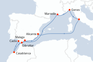 Carte itinéraire croisière Italie, France, Espagne, Maroc, Royaume-Uni - 10 jours au départ de Alicante - Méditerranée