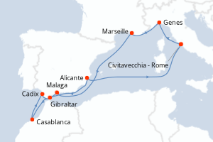 Carte itinéraire croisière Italie, France, Espagne, Maroc, Royaume-Uni - 10 jours au départ de Civitavecchia - Rome - Méditerranée