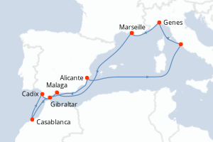 Carte itinéraire croisière France, Espagne, Maroc, Royaume-Uni, Italie - 10 jours au départ de Marseille - Méditerranée