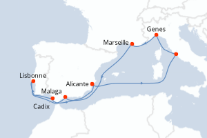 Carte itinéraire croisière Italie, France, Espagne, Portugal - 10 jours au départ de Alicante - Méditerranée